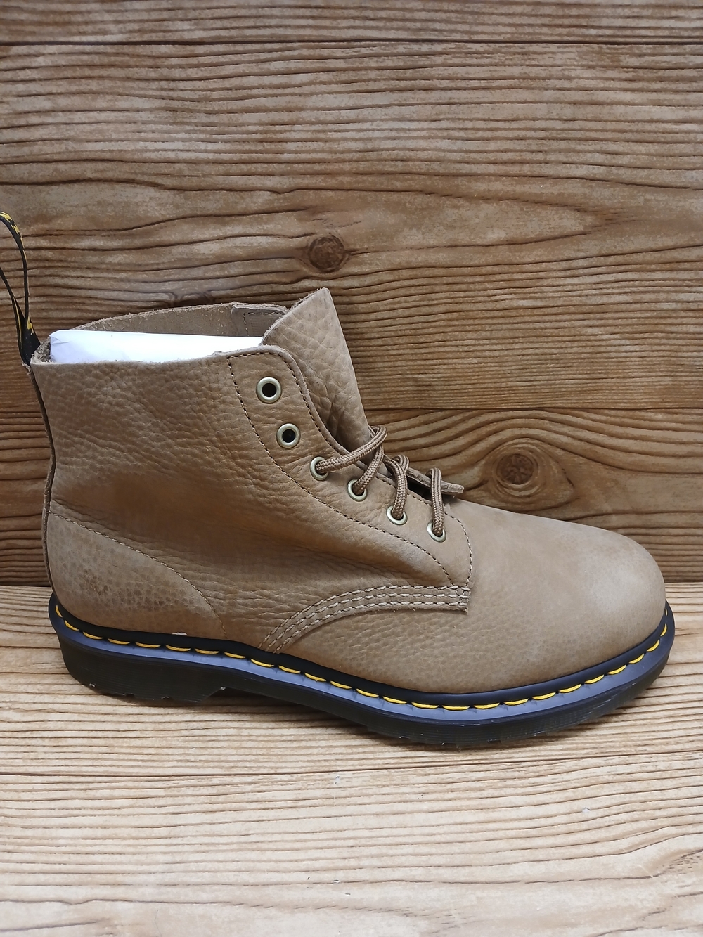 Dr. Martens Unisex  Tan Leather Lace-Up Work Boot with Yellow Stitching